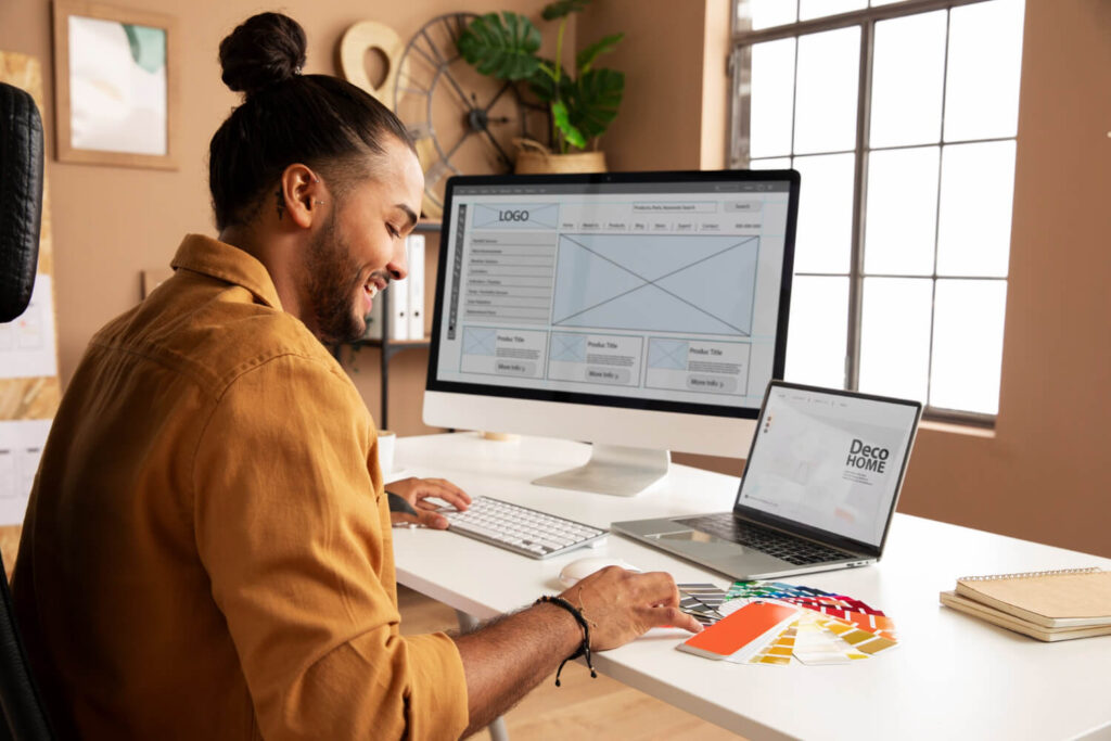Side view man working at desk wondering about the average cost of website design for small business