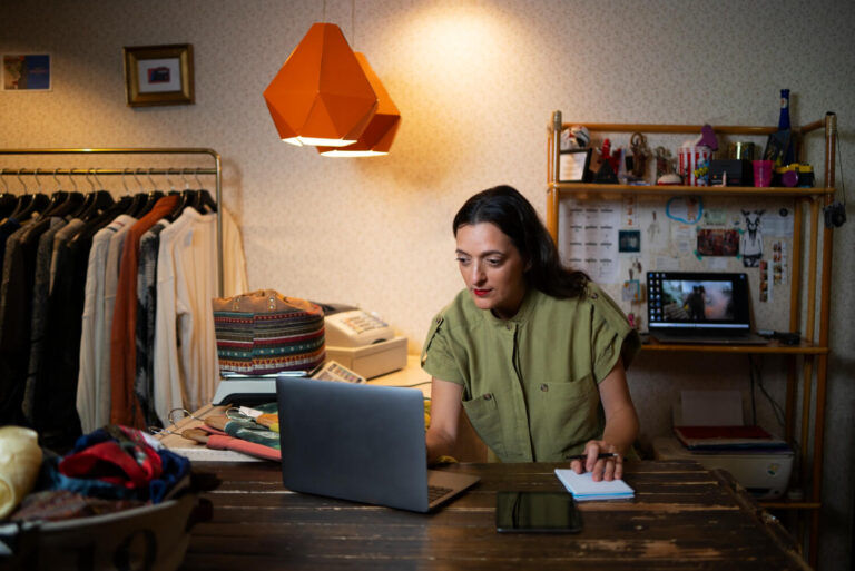 Woman promoting cloths from thrift store