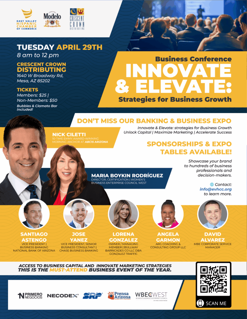 Promotional flyer for the 2025 Innovate & Elevate Business Conference hosted by the East Valley Hispanic Chamber of Commerce.