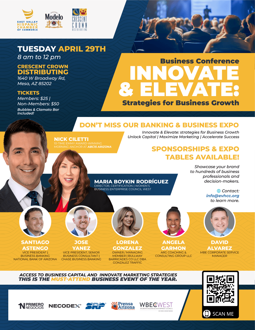 Promotional flyer for the 2025 Innovate & Elevate Business Conference hosted by the East Valley Hispanic Chamber of Commerce.