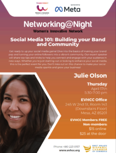 EVHCC WIN event flyer: Social Media 101 with Julie Olson on April 17th.
