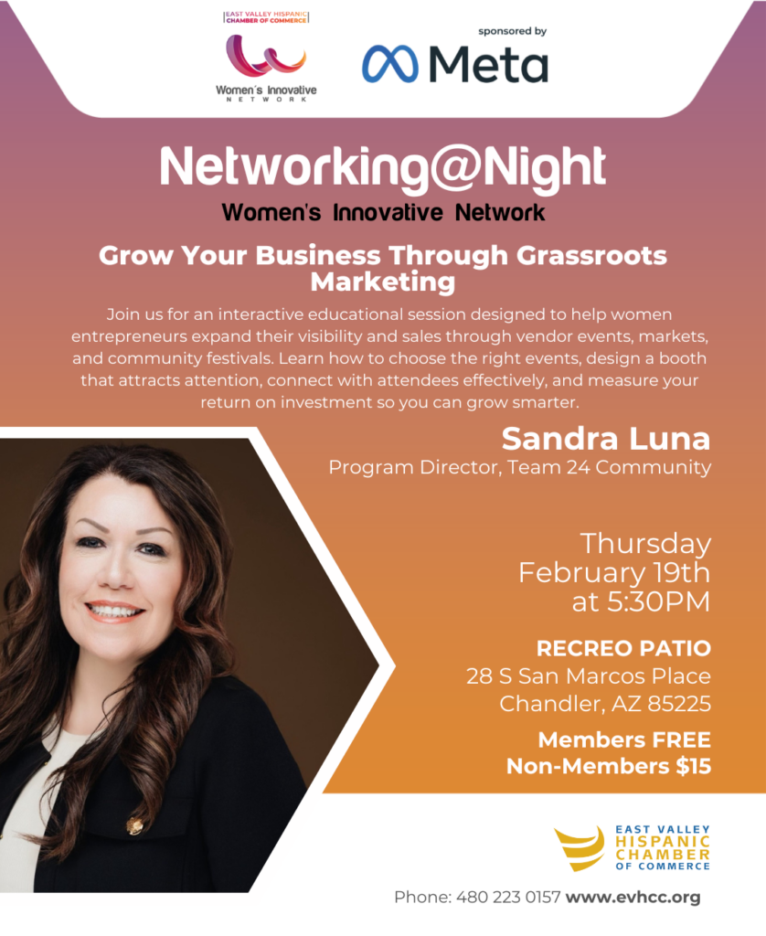 Women’s Innovative Network Networking@Night event hosted by East Valley Hispanic Chamber of Commerce in Chandler Arizona featuring speaker Sandra Luna