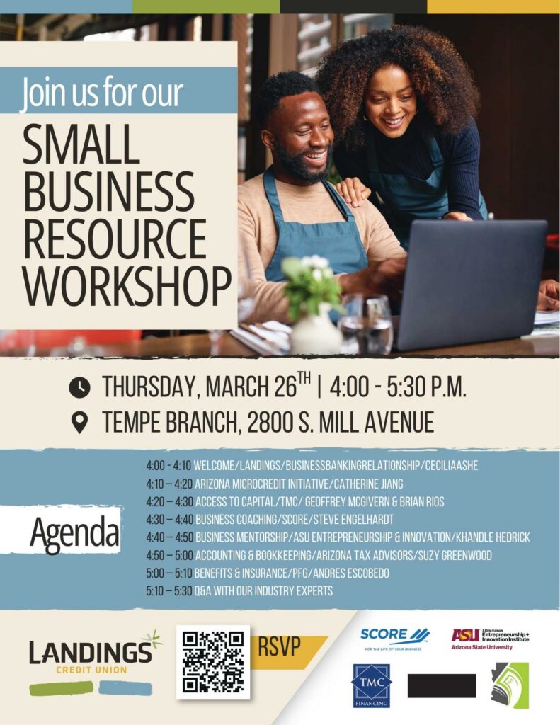 Small Business Resource Workshop event flyer in Tempe AZ with agenda, date March 26, and business support resources