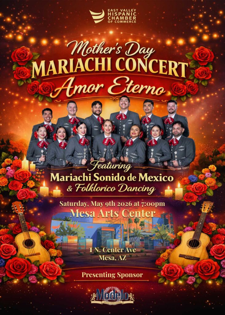 Mother’s Day Mariachi Concert flyer titled Amor Eterno featuring Mariachi Sonido de Mexico and Folklorico Dancing at Mesa Arts Center on May 9, 2026.