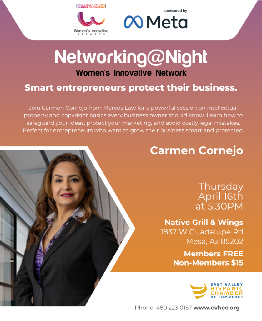 Event flyer for Networking @ Night by Women’s Innovative Network and EVHCC featuring Carmen Cornejo on intellectual property and business protection in Mesa, AZ.
