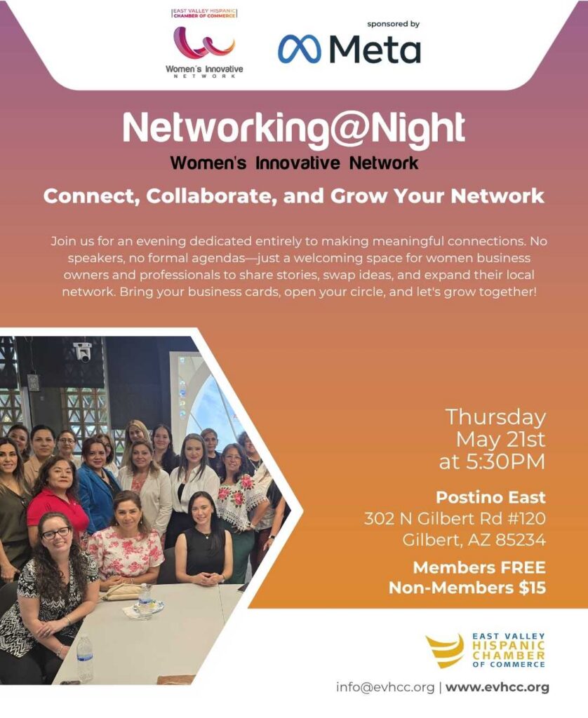Flyer for WIN Women's Innovative Network Networking Night event on May 21st at Postino East in Gilbert, Arizona.