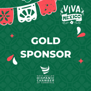 Gold Sponsor badge for El Grito 2026 Dia De Fiesta celebration by East Valley Hispanic Chamber of Commerce.